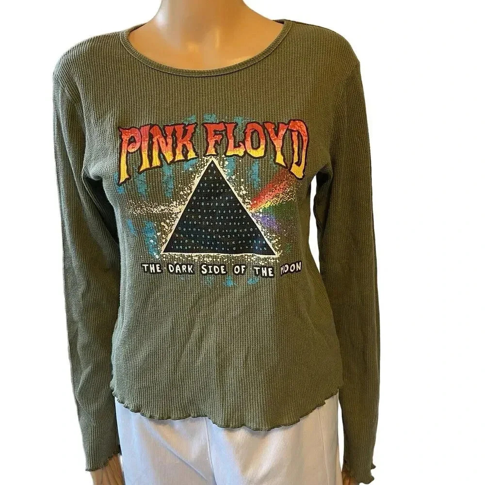 Pink Floyd Khaki Thermal LongSleeve Shirt Graphic SpellOut Lady L Gothic Stretch